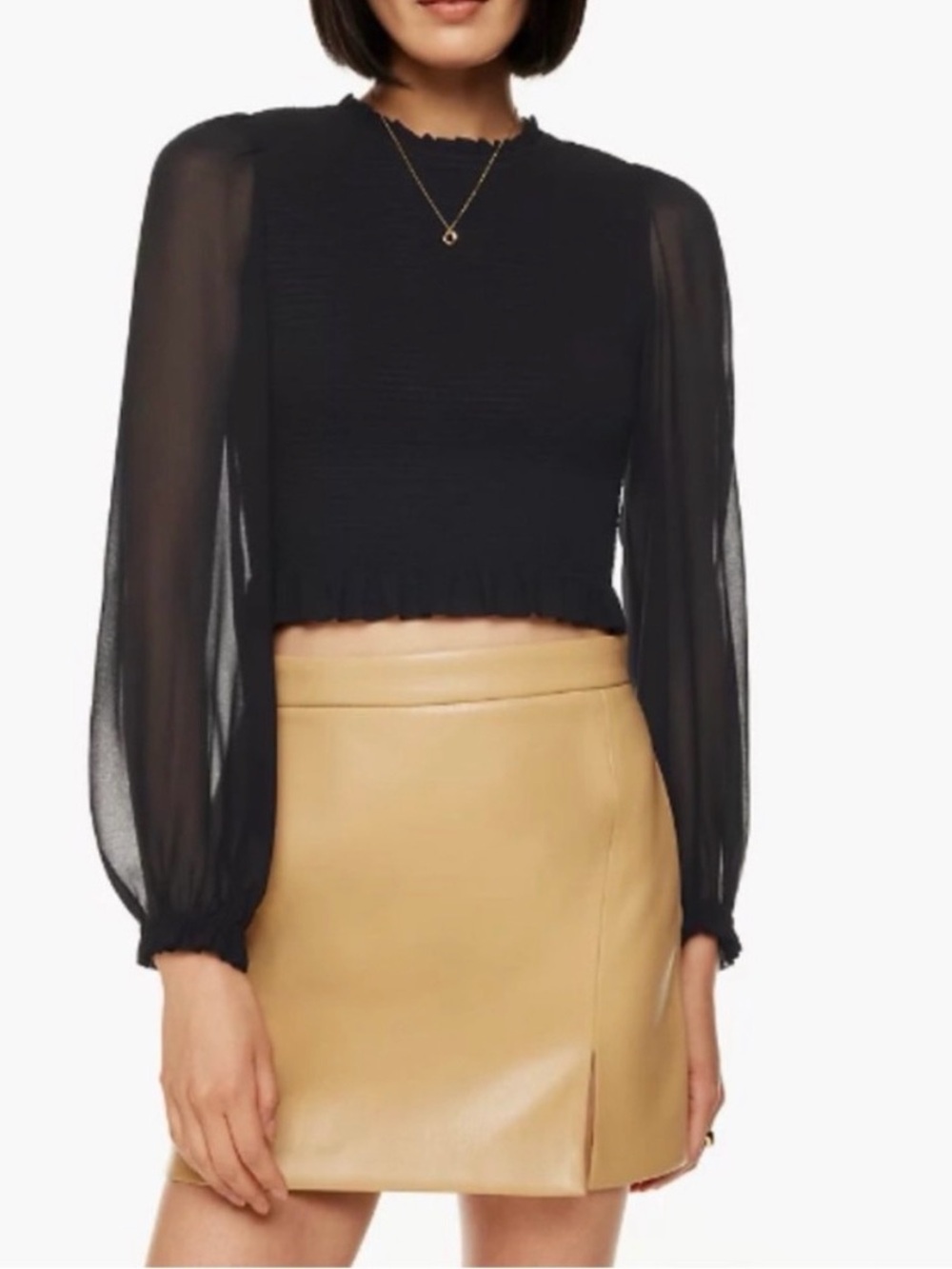 Aritzia Black Smocked Bodice Sheer-Sleeve Cropped Top